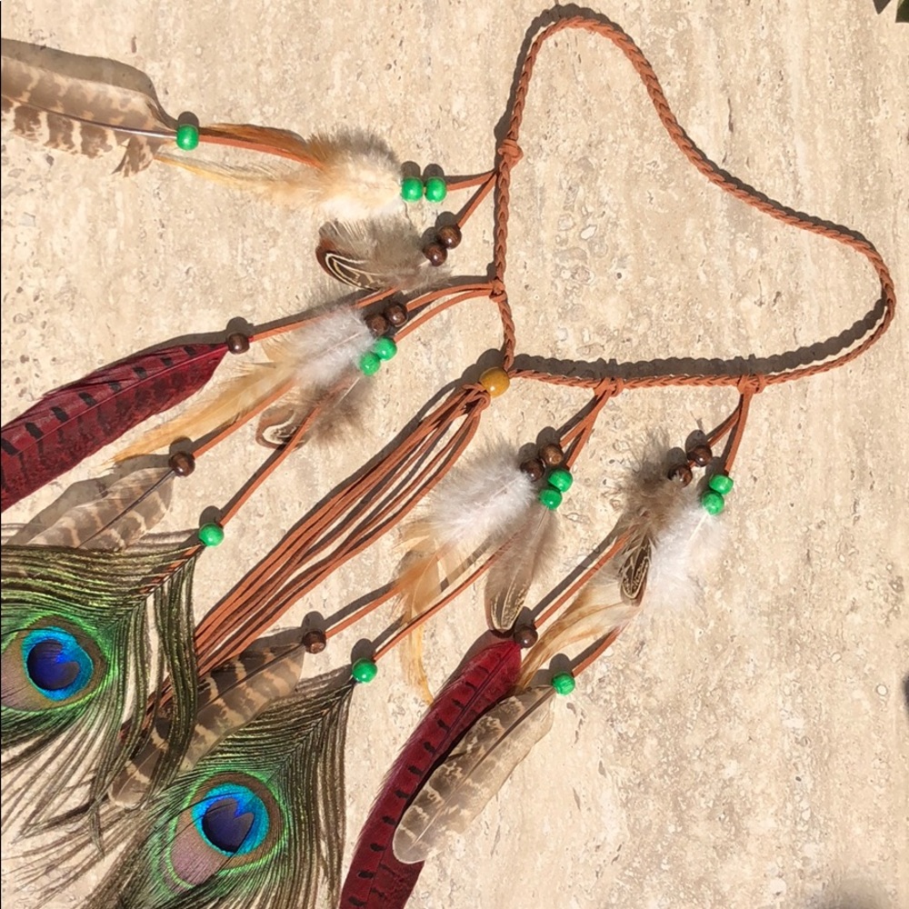 NIP Boho Peacock Red Hawk Feather Suede Headband - Picture 2 of 5
